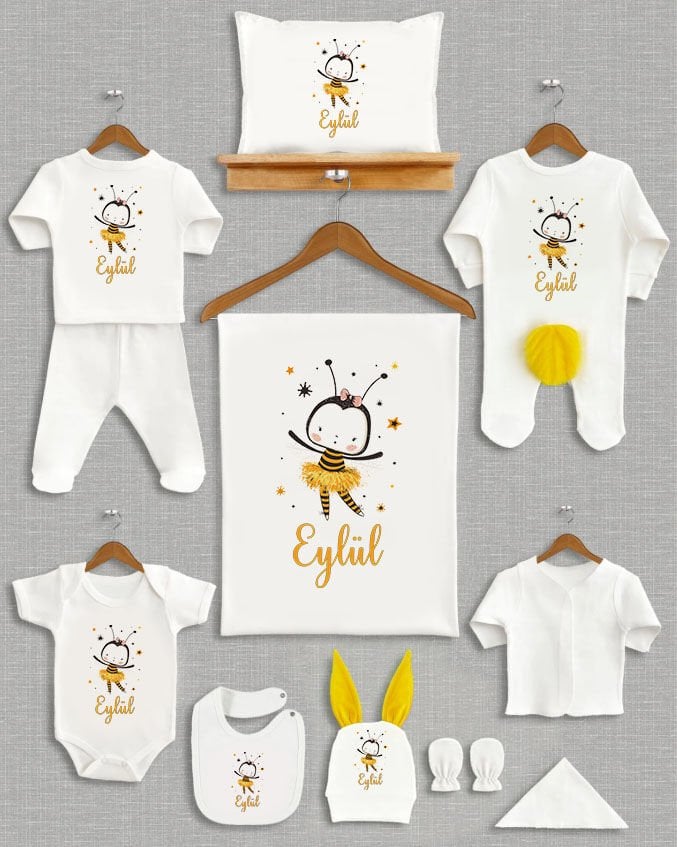 Sevimli Arı Tasarımı Sarı Ponponlu Tavşan Kulaklı 11'li Organik Hastane Çıkışı