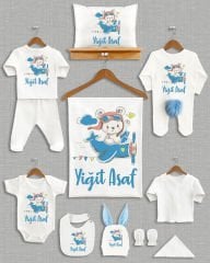 Mavi Uçak İçinde Sevimli Ayıcık Tasarımı Ponponlu Tavşan Kulaklı 11'li Organik Hastane Çıkışı