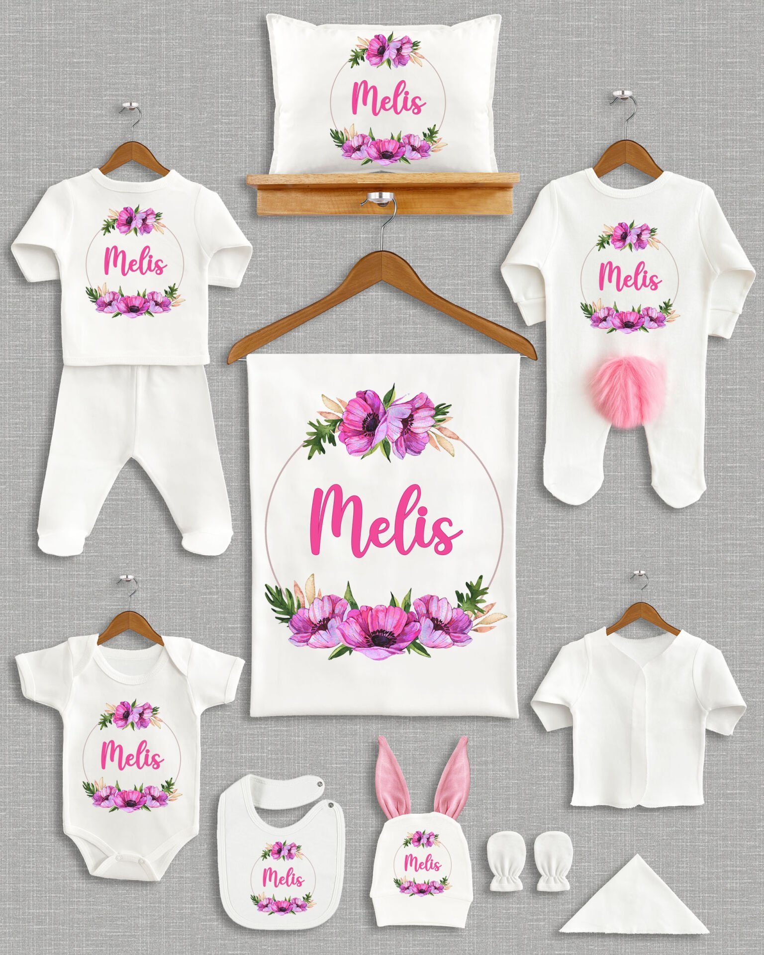 Soft Pembe Çiçekli Tasarım Ponponlu Tavşan Kulaklı 11'li Organik Hastane Çıkışı