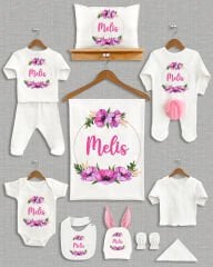 Soft Pembe Çiçekli Tasarım Ponponlu Tavşan Kulaklı 11'li Organik Hastane Çıkışı