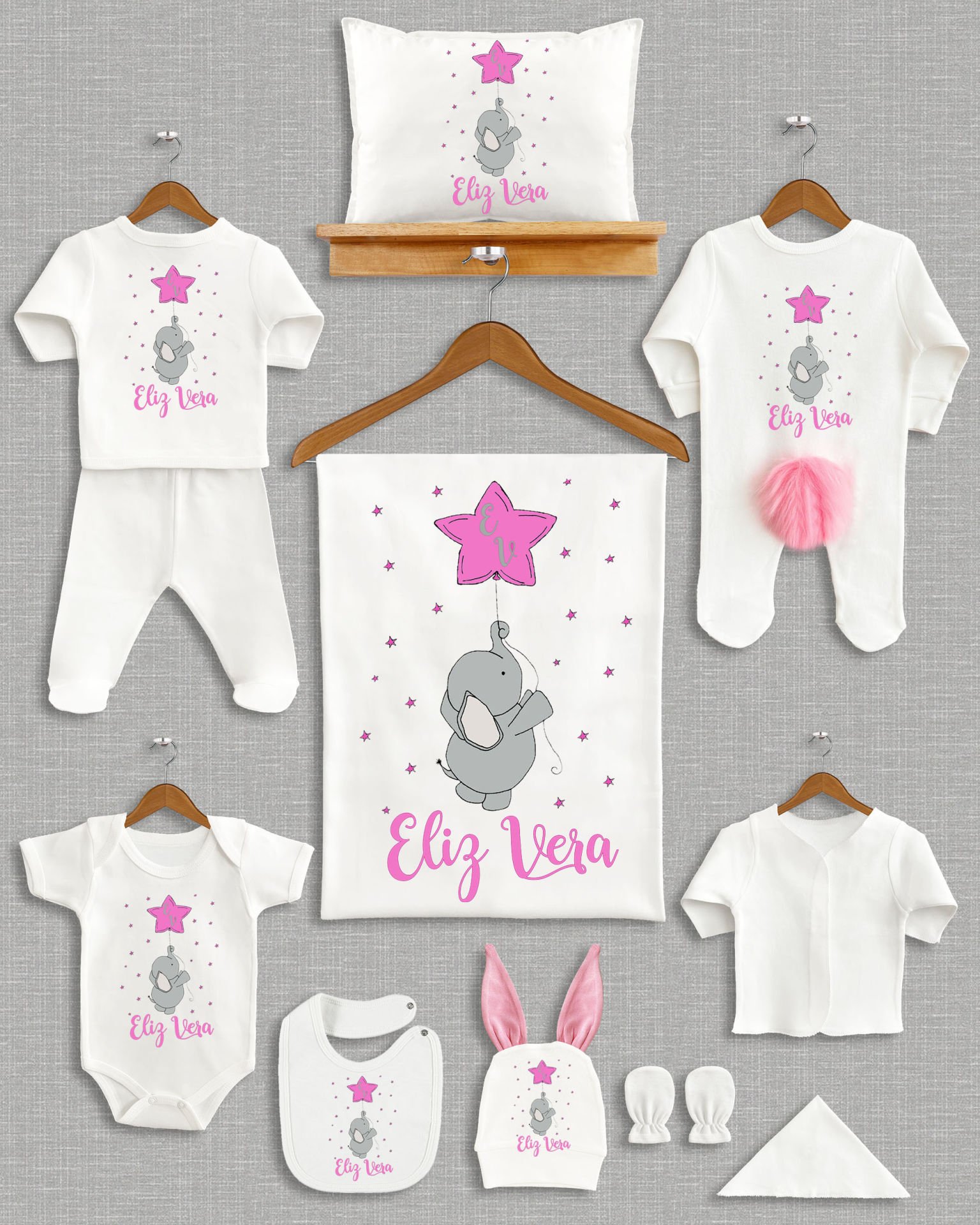 Yıldız Tutan Fil Tasarımı Ponponlu Tavşan Kulaklı 11'li Organik Hastane Çıkışı