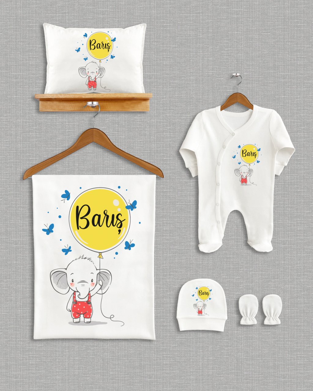 Balon Tutan Sevimli Fil  Tasarımı 5'li Organik  Hastane Çıkışı