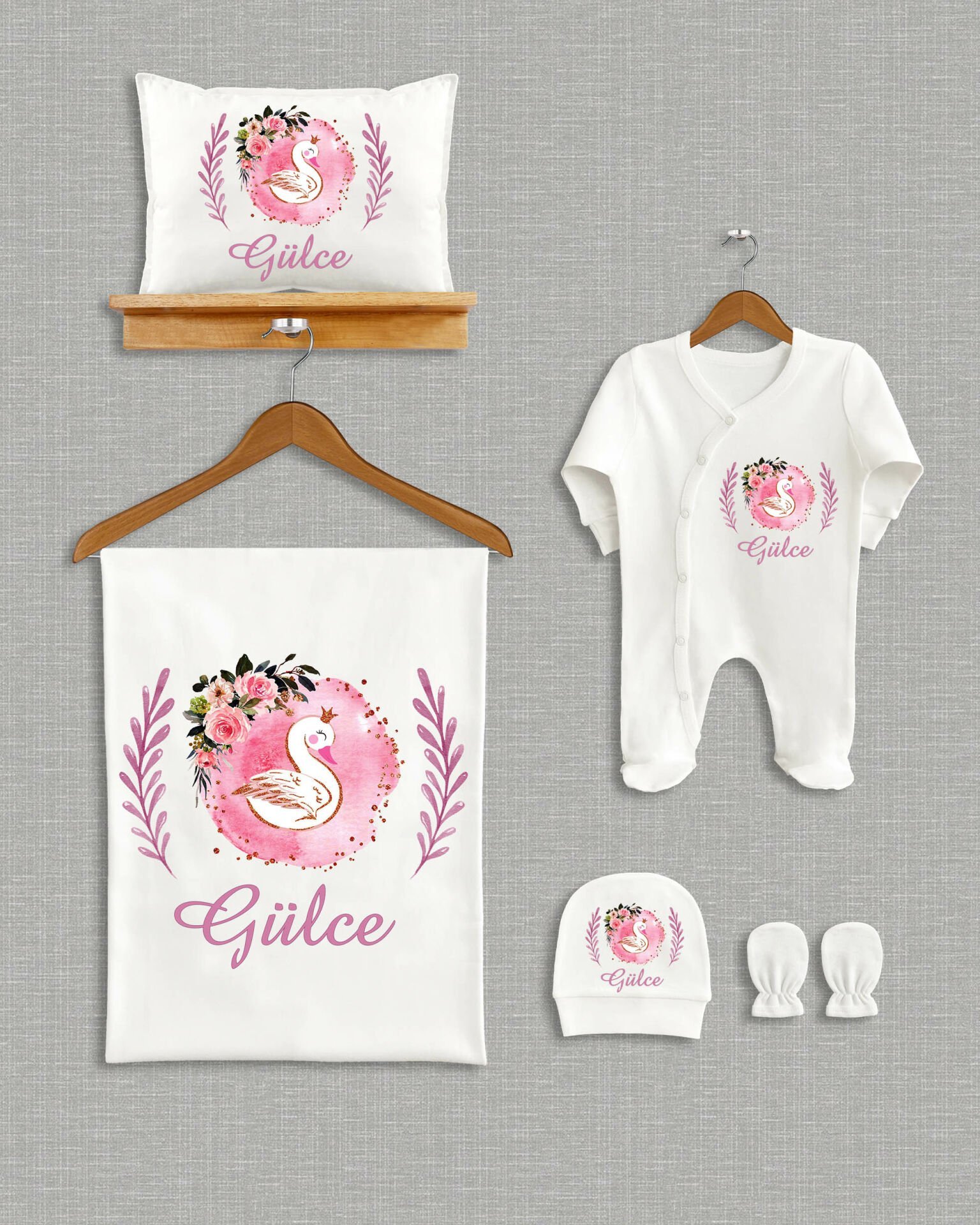 Yapraklı Çiçekli Kuğu Tasarımı  5'li Organik Hastane Çıkışı