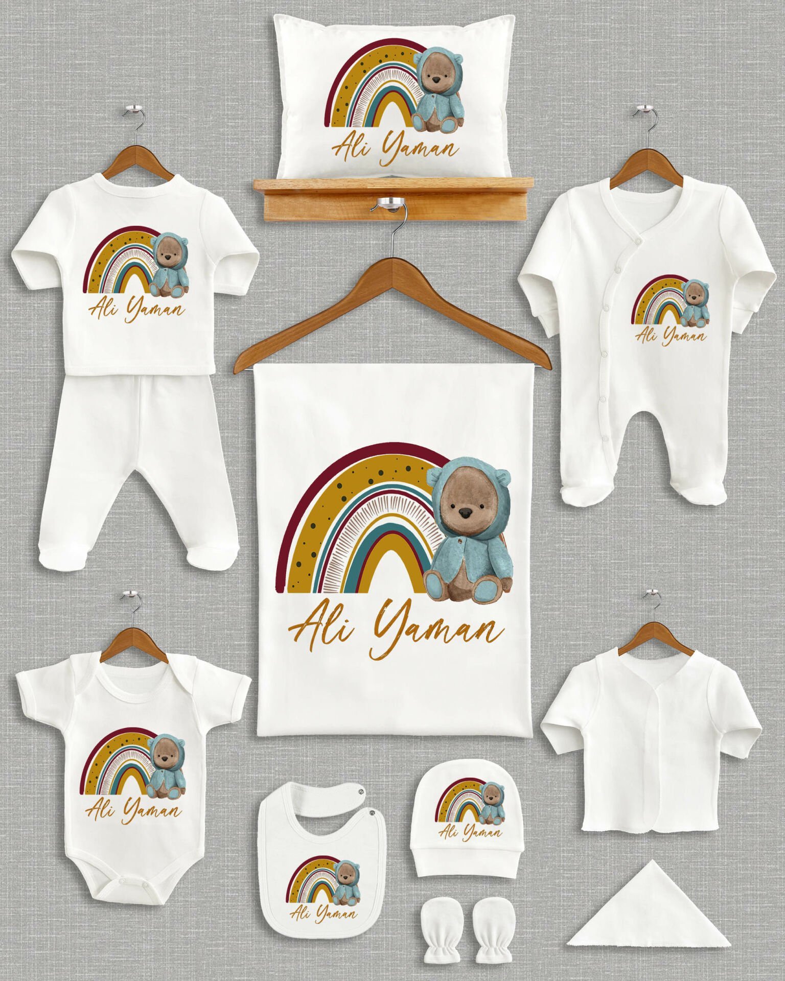 Gökkuşağı Üzerinde Ayıcık Tasarımı 11'li Organik İsme Özel Hastane Çıkışı