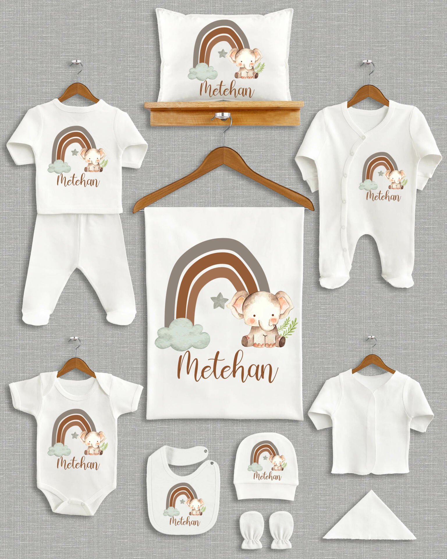 Gökkuşağı Üzerinde Fil Tasarımı 11'li Organik İsme Özel Hastane Çıkışı