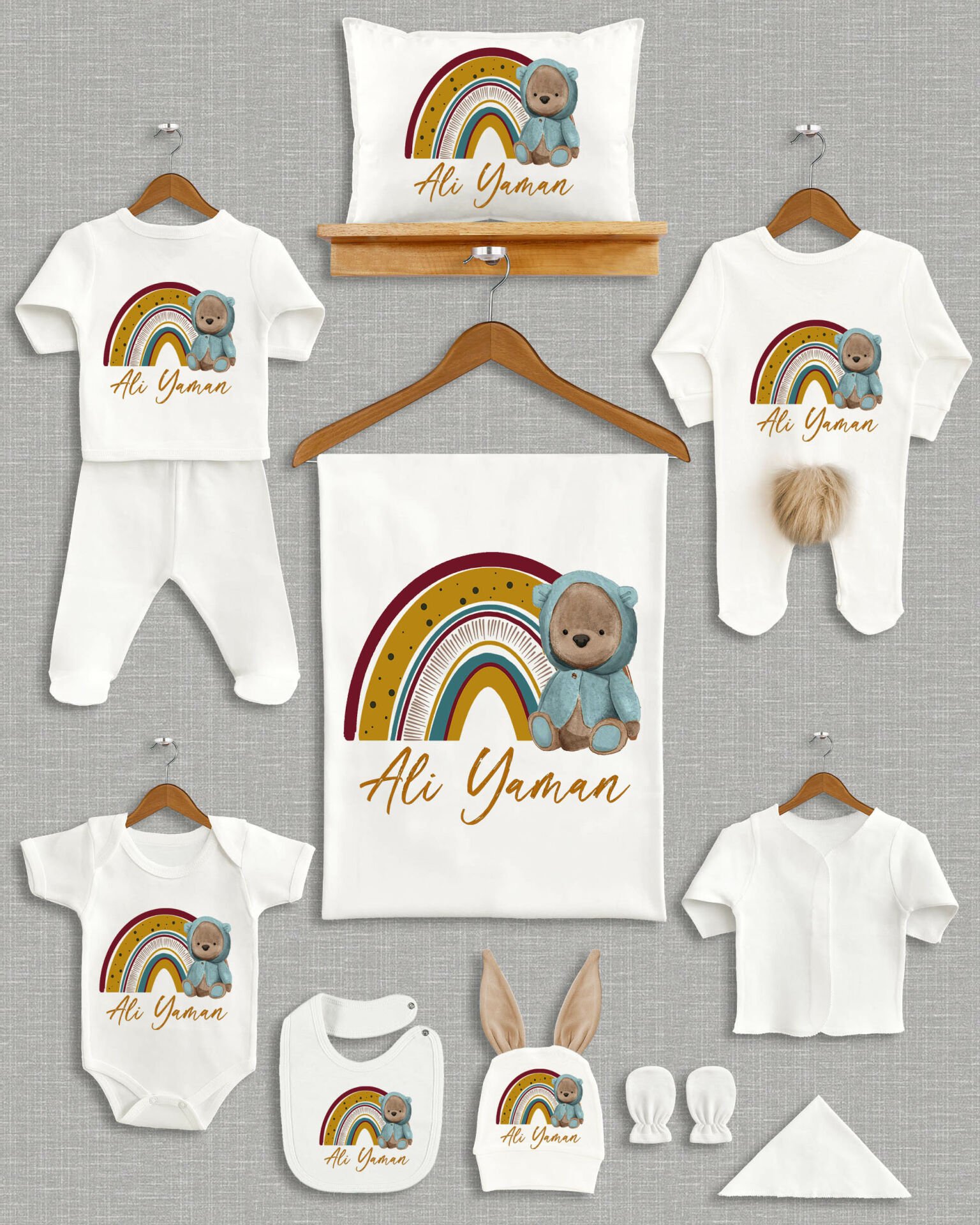 Gökkuşağında Ayıcık Tasarımı Kahverengi Ponponlu Tavşan Kulaklı 11'li Organik Hastane Çıkışı