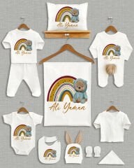 Gökkuşağında Ayıcık Tasarımı Kahverengi Ponponlu Tavşan Kulaklı 11'li Organik Hastane Çıkışı