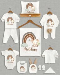 Gökkuşağında Fil Tasarımı Kahverengi Ponponlu Tavşan Kulaklı 11'li Organik Hastane Çıkışı