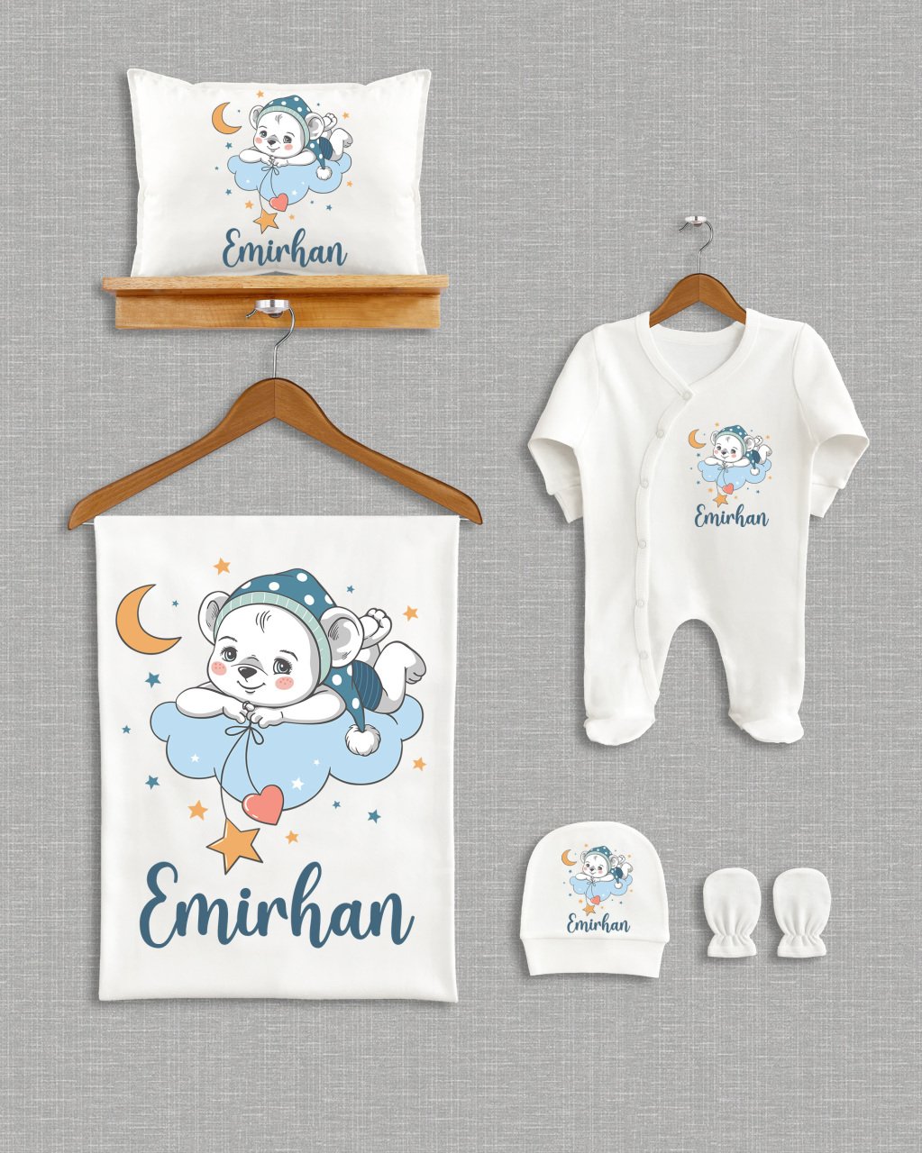 Bulut Üzerinde Sevimli Ayıcık Tasarımı 5'li Organik  Hastane Çıkışı