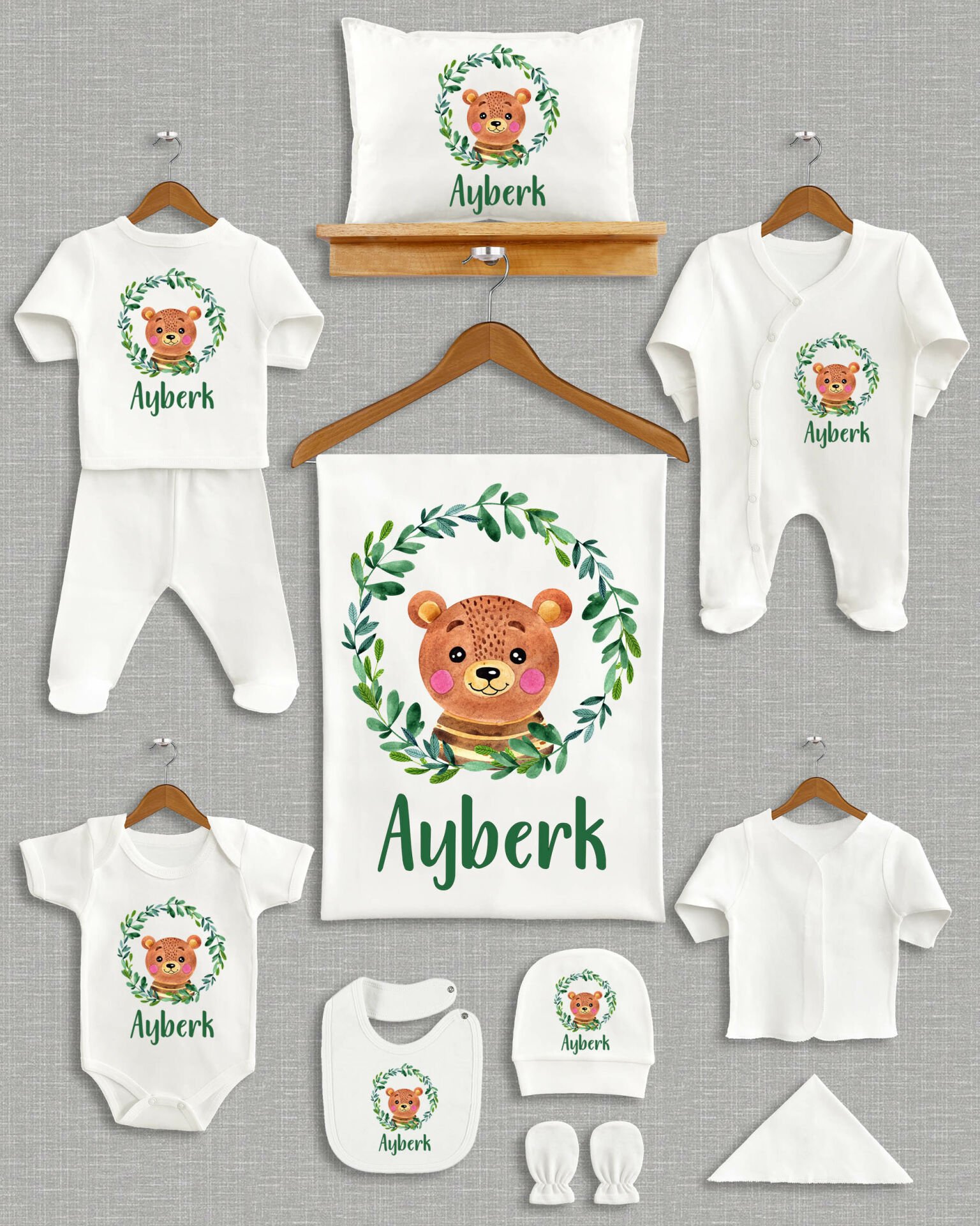 Çelenkte Sevimli Ayıcık Tasarımı 11'li Organik İsme Özel Hastane Çıkışı