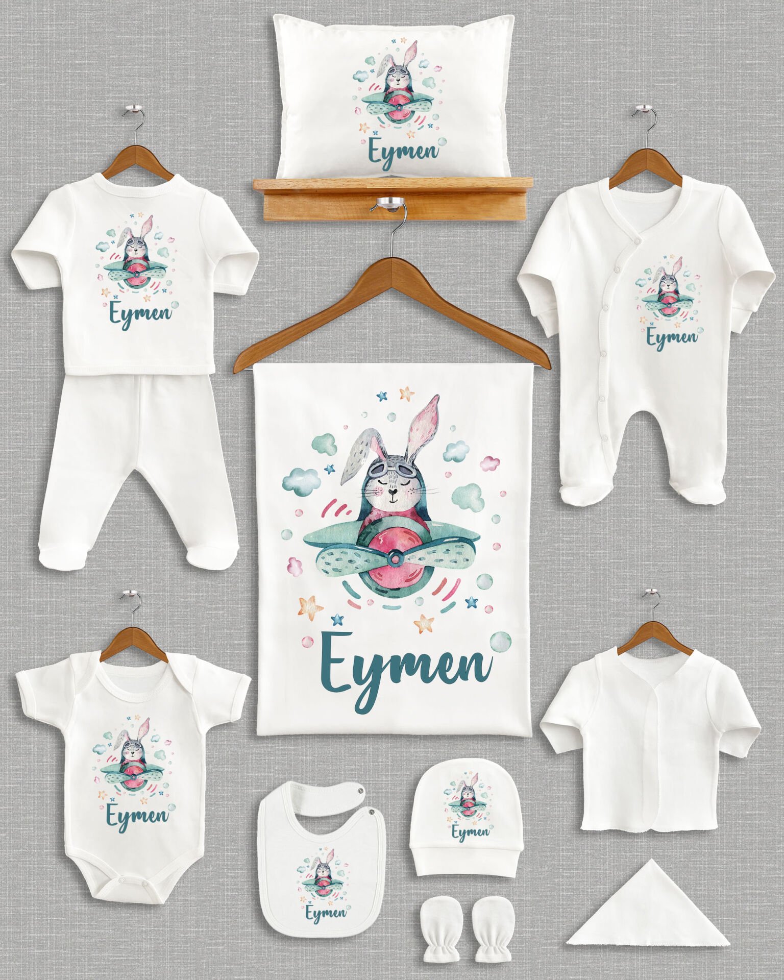 Uçakta Sevimli Tavşan Tasarımı 11'li Organik İsme Özel Hastane Çıkışı