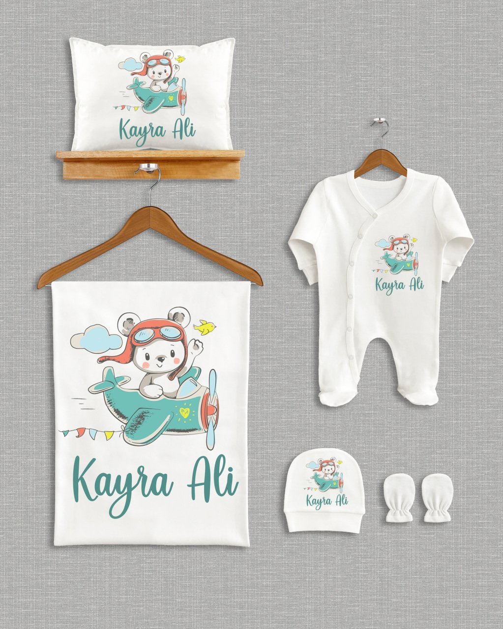 Uçakta Sevimli Ayıcık Tasarım 5'li Organik  Hastane Çıkışı