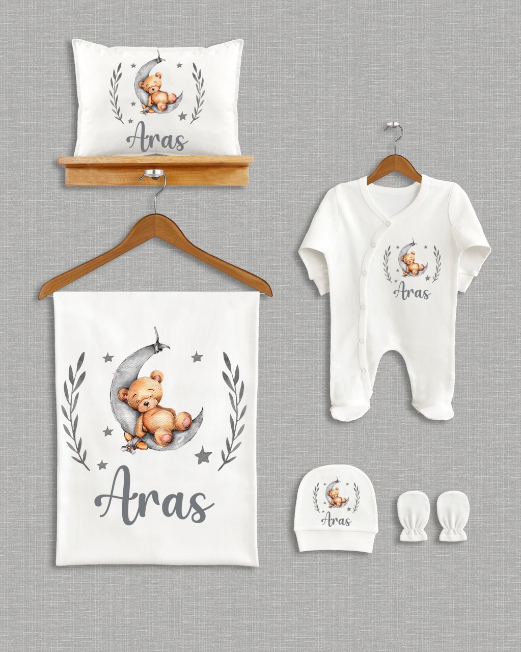 Ay Üzerinde Uyuyan Sevimli Ayıcık Tasarımı 5'li Organik  Hastane Çıkışı