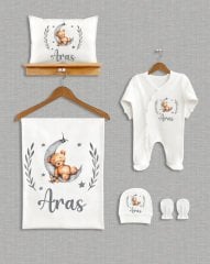 Ay Üzerinde Uyuyan Sevimli Ayıcık Tasarımı 5'li Organik  Hastane Çıkışı