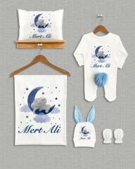 Ay Üstünde Uyuyan Fil Tasarımı 5'li Ponponlu Organik Hastane Çıkışı