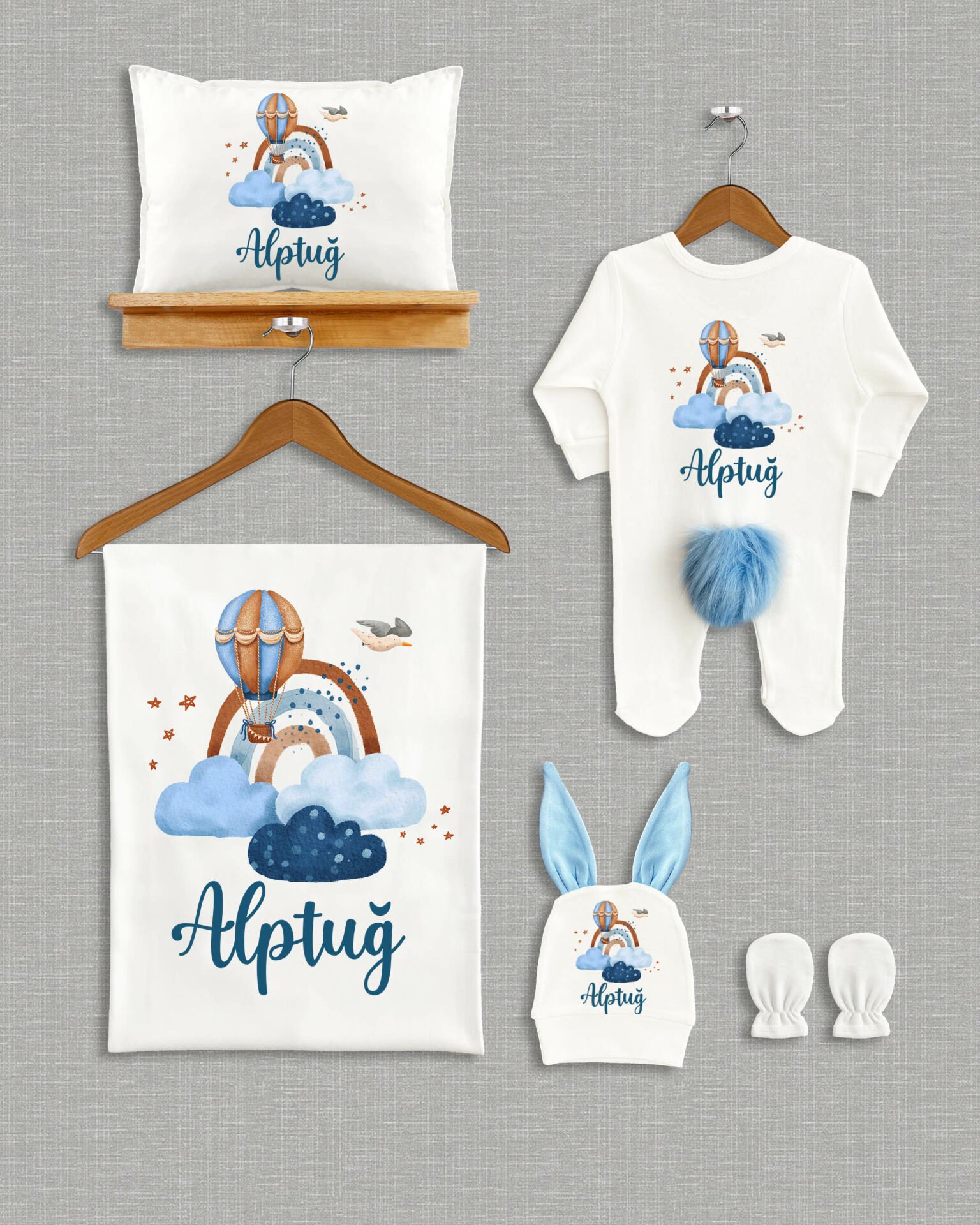 Uçan Balonlu Gökkuşağı Tasarımı 5'li Ponponlu Organik Hastane Çıkışı