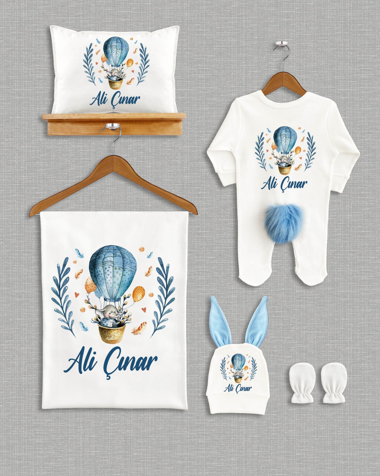 Uçan Balonlu Fil Tasarımı 5'li Ponponlu Organik Hastane Çıkışı