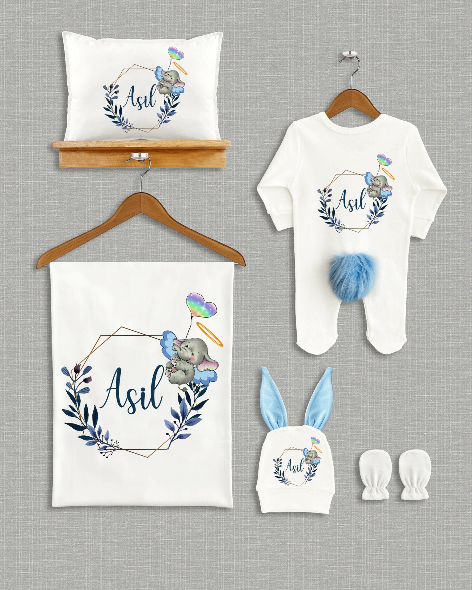 Çelenkte Balon Tutan Fil Tasarımı 5'li Ponponlu Organik Hastane Çıkışı