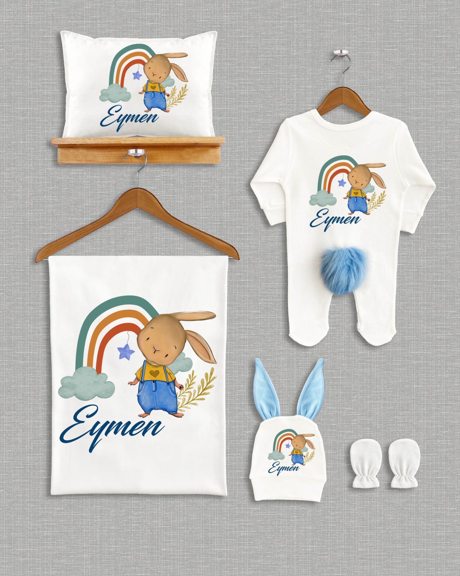 Gökkuşağında Sevimli Tavşan Tasarımı 5'li Ponponlu Organik Hastane Çıkışı