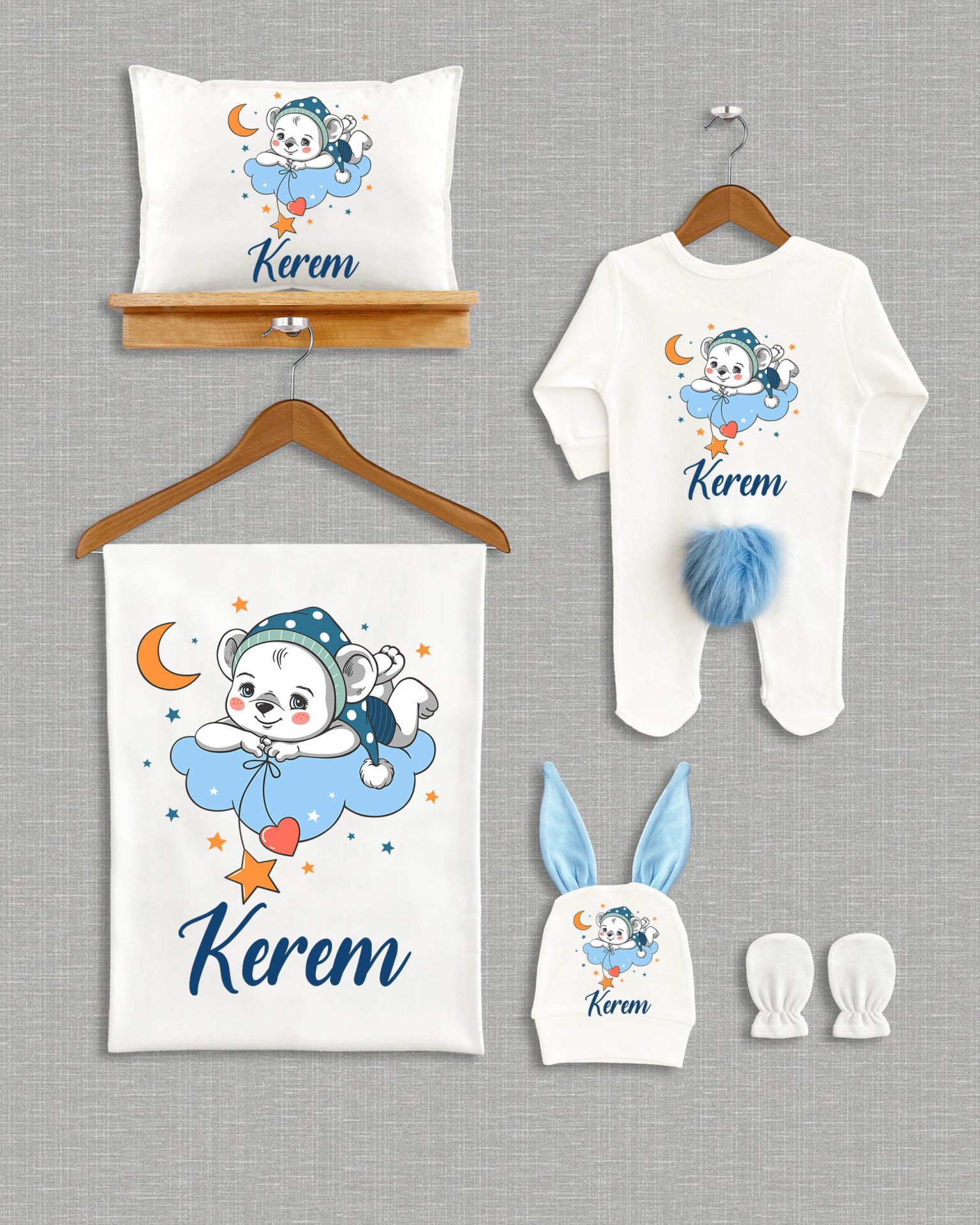 Bulut Üstünde Sevimli Ayıcık Tasarımı 5'li Ponponlu Organik Hastane Çıkışı