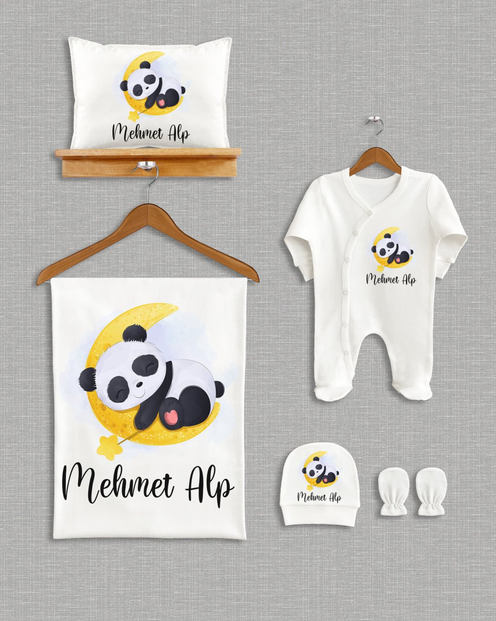 Ay Üzerinde Sevimli Panda Tasarımı 5'li Organik  Hastane Çıkışı