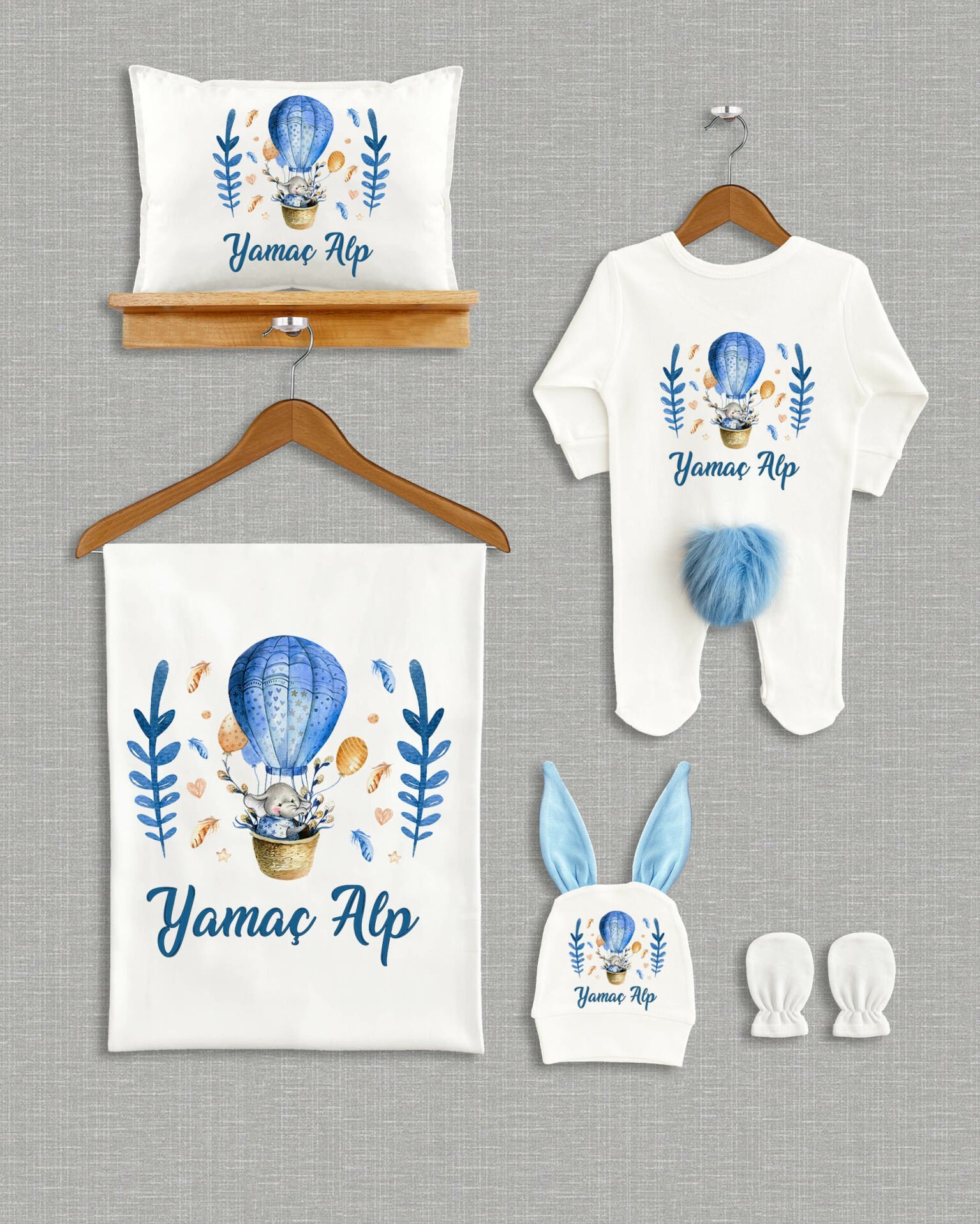 Uçan Balonlu Fil Tasarımı 5'li Ponponlu Organik Hastane Çıkışı