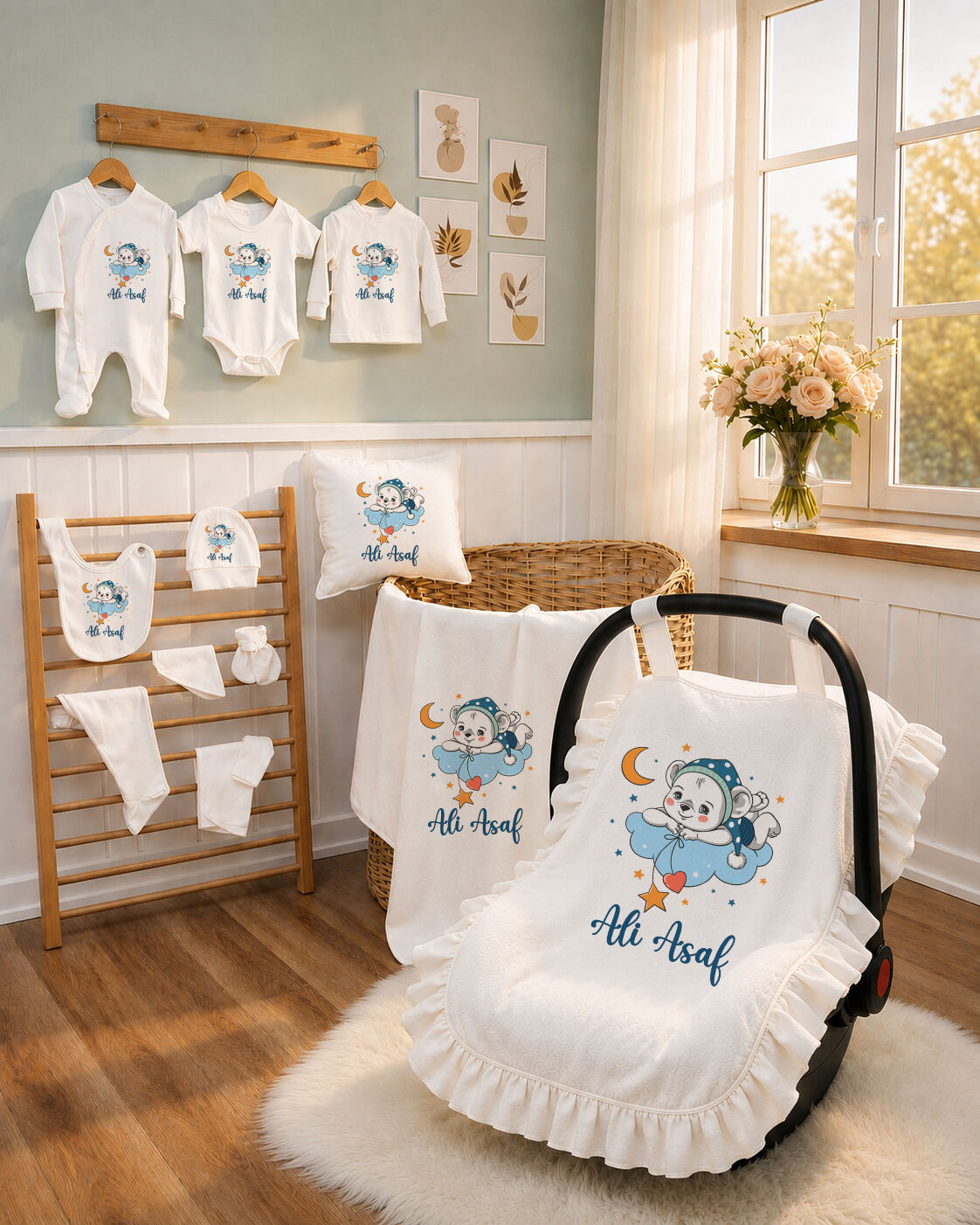 Mavi Bulut Ayıcık  11'li Organik Hastane Çıkışı Seti ve Puset Örtüsü