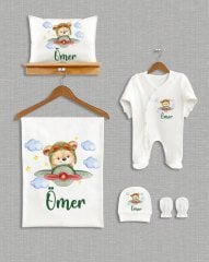 Uçakta Sevimli Ayıcık Tasarımı 5'li Organik  Hastane Çıkışı