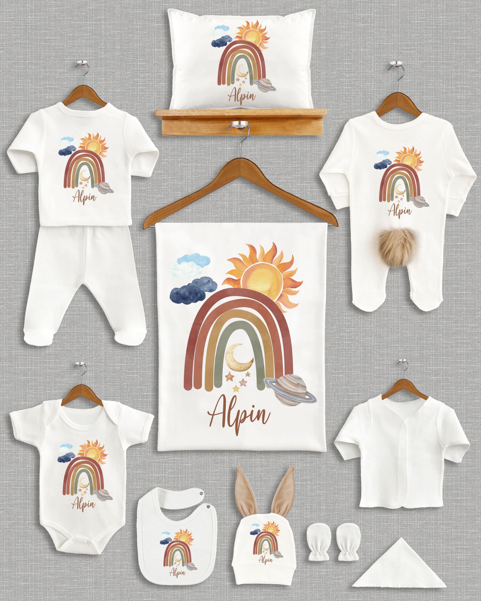 Güneşli Gökkuşağı Tasarımı Kahverengi Ponponlu Tavşan Kulaklı 11'li Organik Hastane Çıkışı