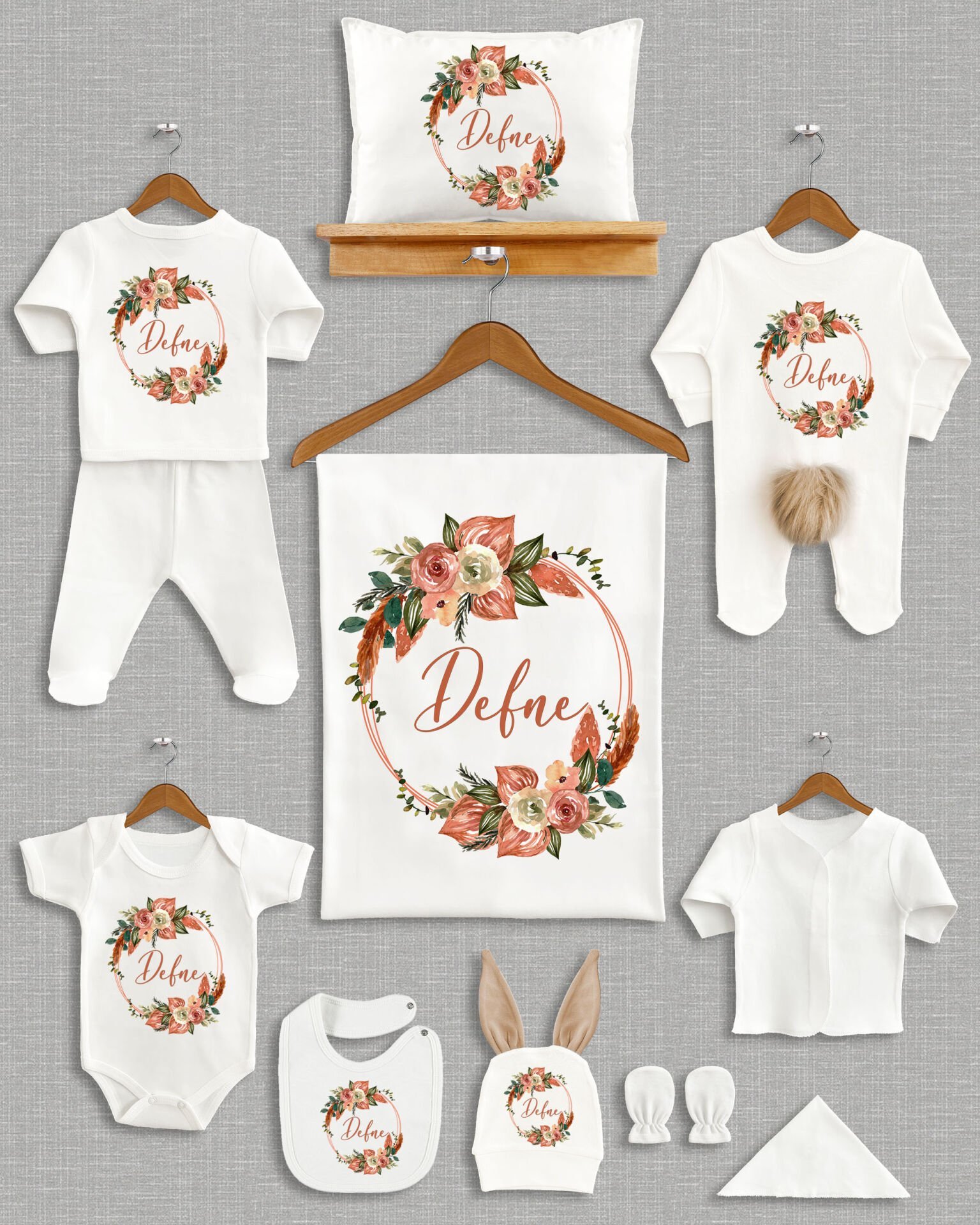 Çiçek Çelenk Tasarımı Kahverengi Ponponlu Tavşan Kulaklı 11'li Organik Hastane Çıkışı