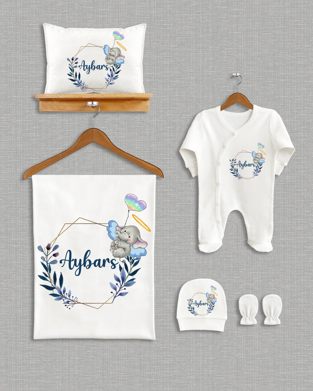 Çelenk Üzerinde Kalpli Balon Tutan Fil Tasarım 5'li Organik  Hastane Çıkışı