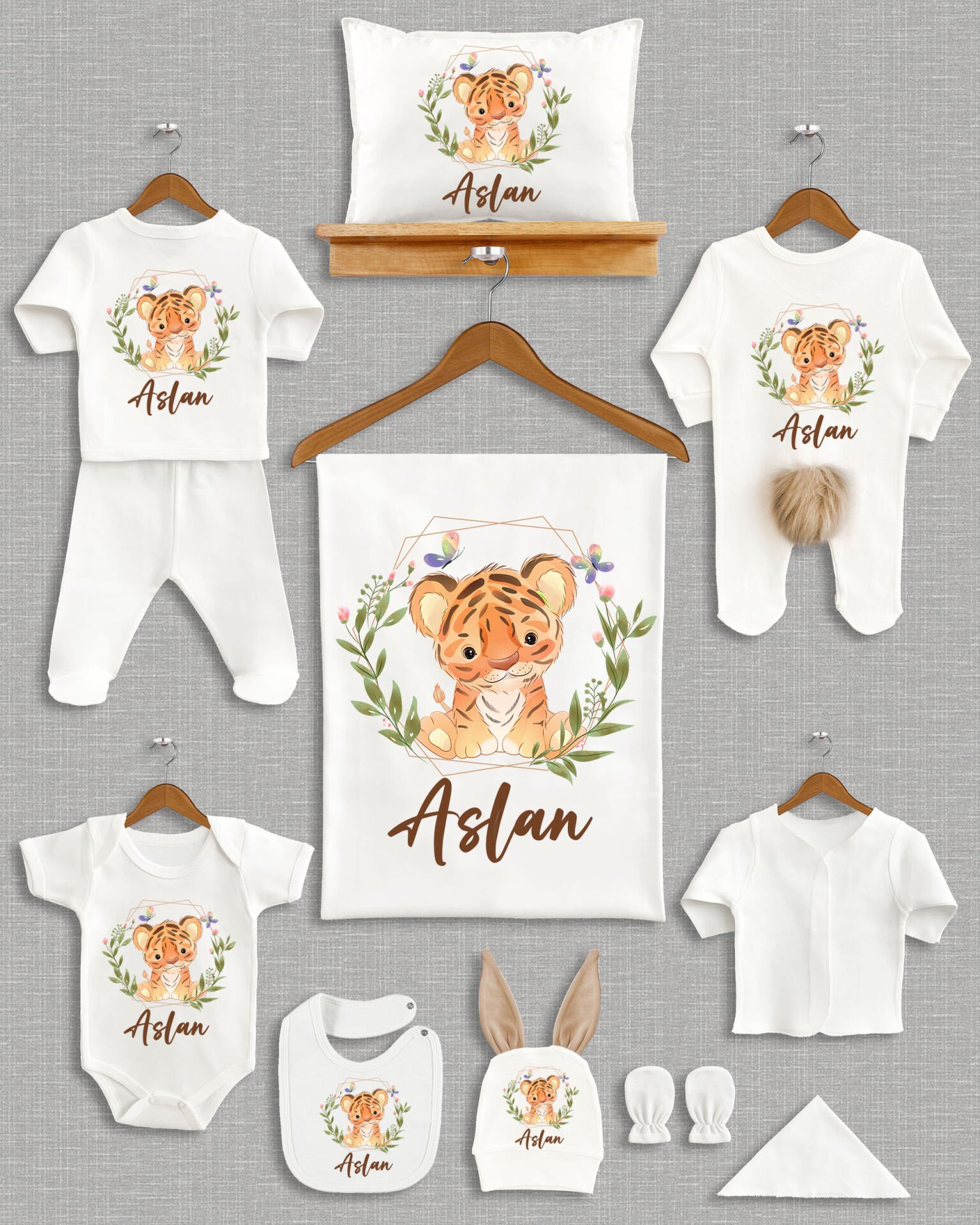 Sevimli Kaplan Tasarımı Kahverengi Ponponlu Tavşan Kulaklı 11'li Organik Hastane Çıkışı