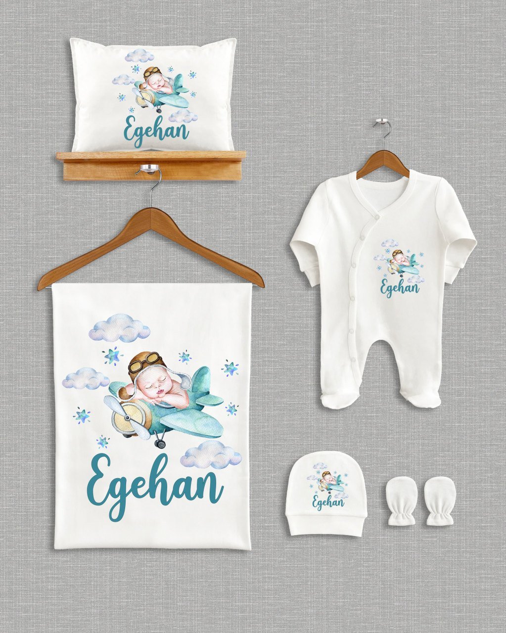 Uçakta Uyuyan Sevimli Bebek Tasarımı 5'li Organik  Hastane Çıkışı