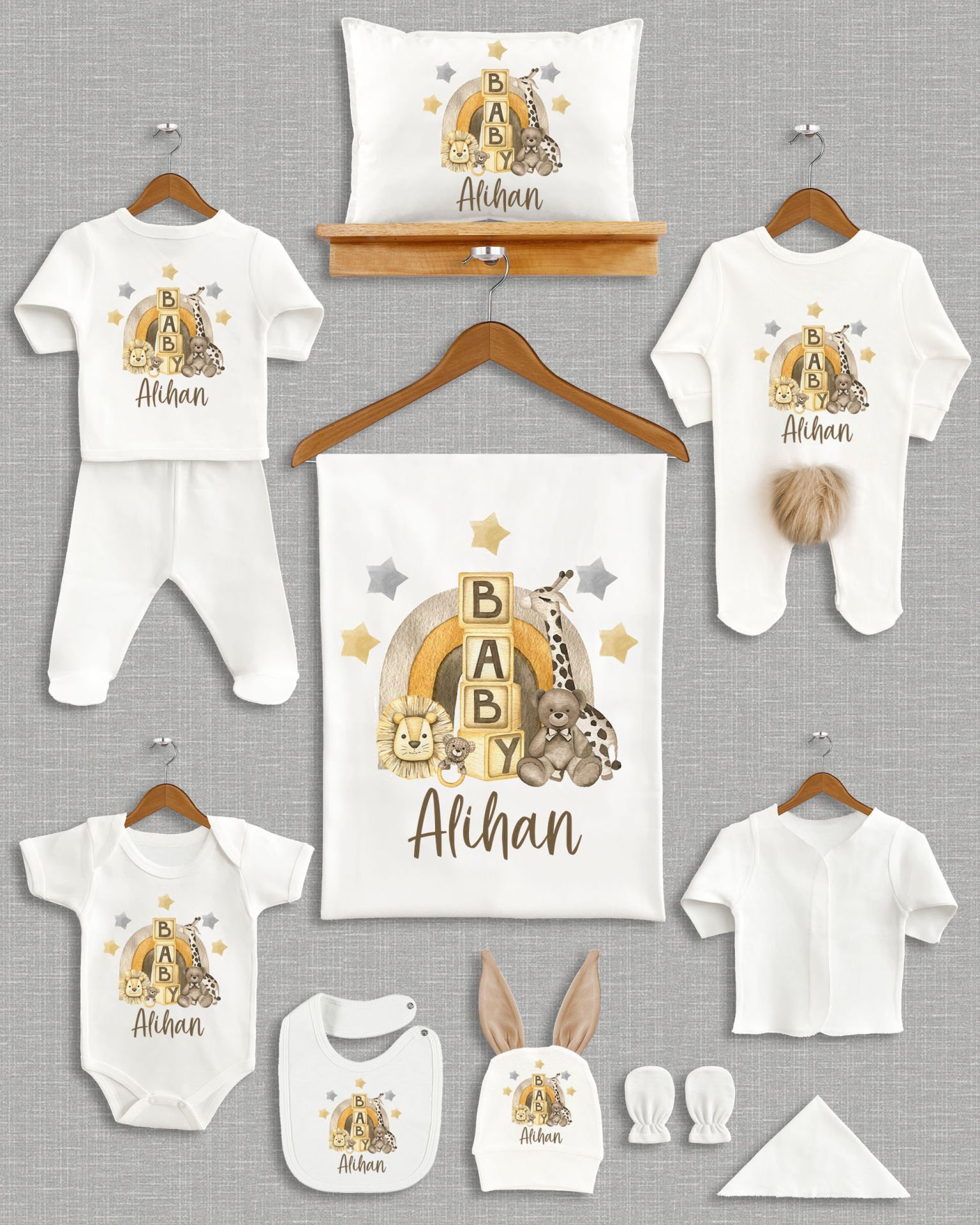 Gökkuşağında Sevimli Hayvanlar Tasarımı Kahverengi Ponponlu Tavşan Kulaklı 11'li Organik Hastane Çıkışı