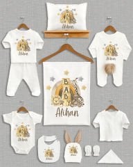 Gökkuşağında Sevimli Hayvanlar Tasarımı Kahverengi Ponponlu Tavşan Kulaklı 11'li Organik Hastane Çıkışı