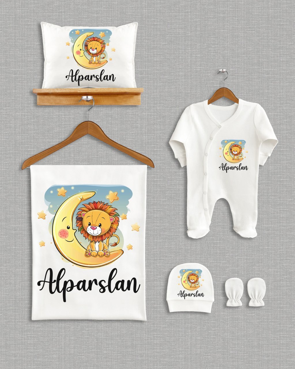 Ay Üzerinde Sevimli Aslan Tasarımı 5'li Organik  Hastane Çıkışı