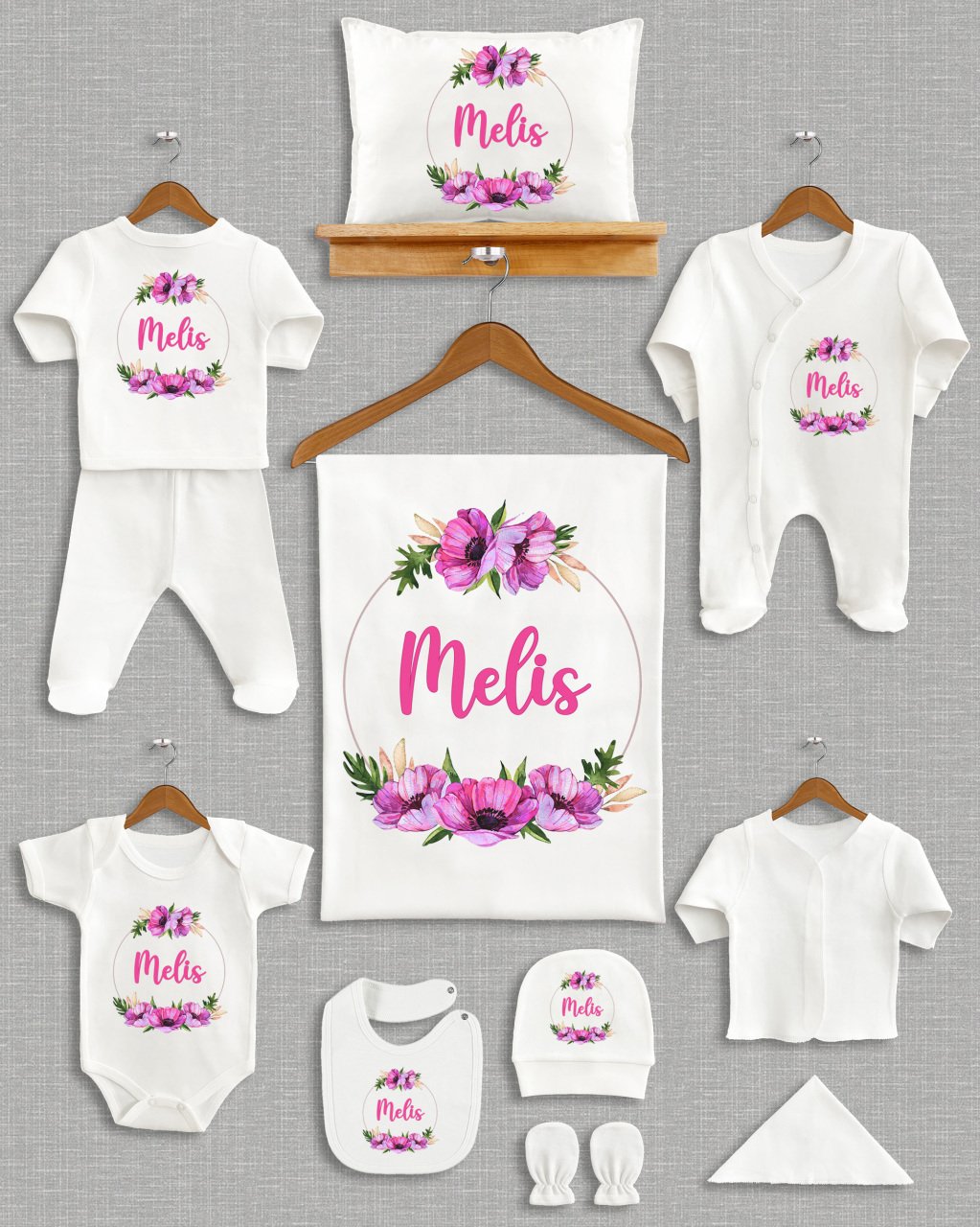 Pembe Pastel Çiçek Tasarımlı 11'li Organik  Hastane Çıkışı