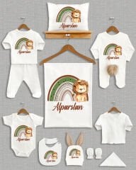 Gökkuşağında Sevimli Aslan Tasarımı Kahverengi Ponponlu Tavşan Kulaklı 11'li Organik Hastane Çıkışı