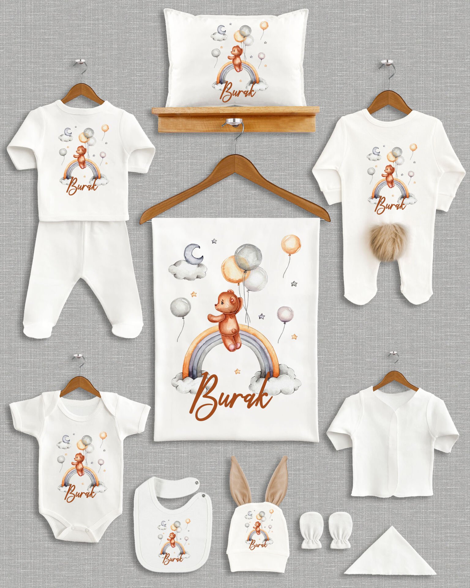 Gökkuşağında Sevimli Ayıcık Tasarımı Kahverengi Ponponlu Tavşan Kulaklı 11'li Organik Hastane Çıkışı