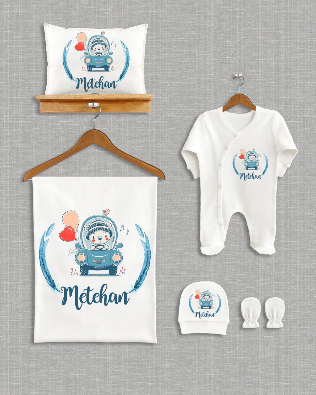 Mavi Arabalı Sevimli Ayıcık Tasarımı 5'li Organik  Hastane Çıkışı