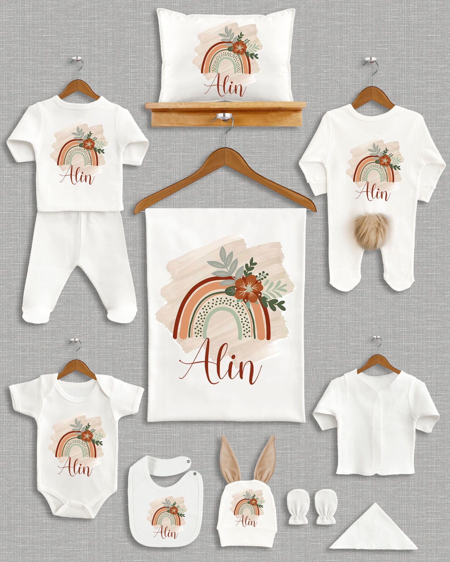 Çiçekli GökkuşağıTasarımı Kahverengi Ponponlu Tavşan Kulaklı 11'li Organik Hastane Çıkışı