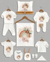 Çiçekli GökkuşağıTasarımı Kahverengi Ponponlu Tavşan Kulaklı 11'li Organik Hastane Çıkışı