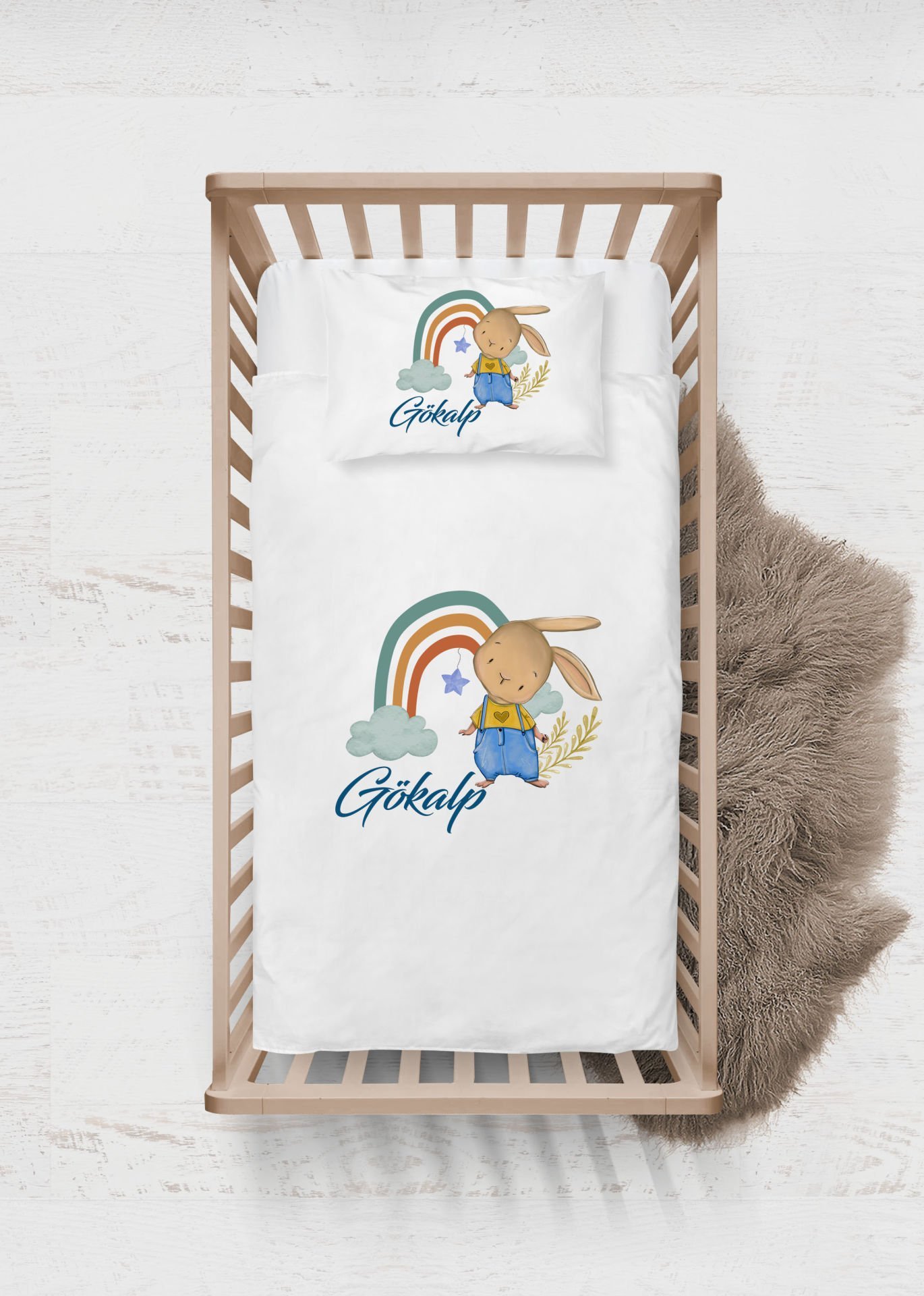 Gökkuşağında Sevimli Tavşancık Tasarımı Nevresim Takımı