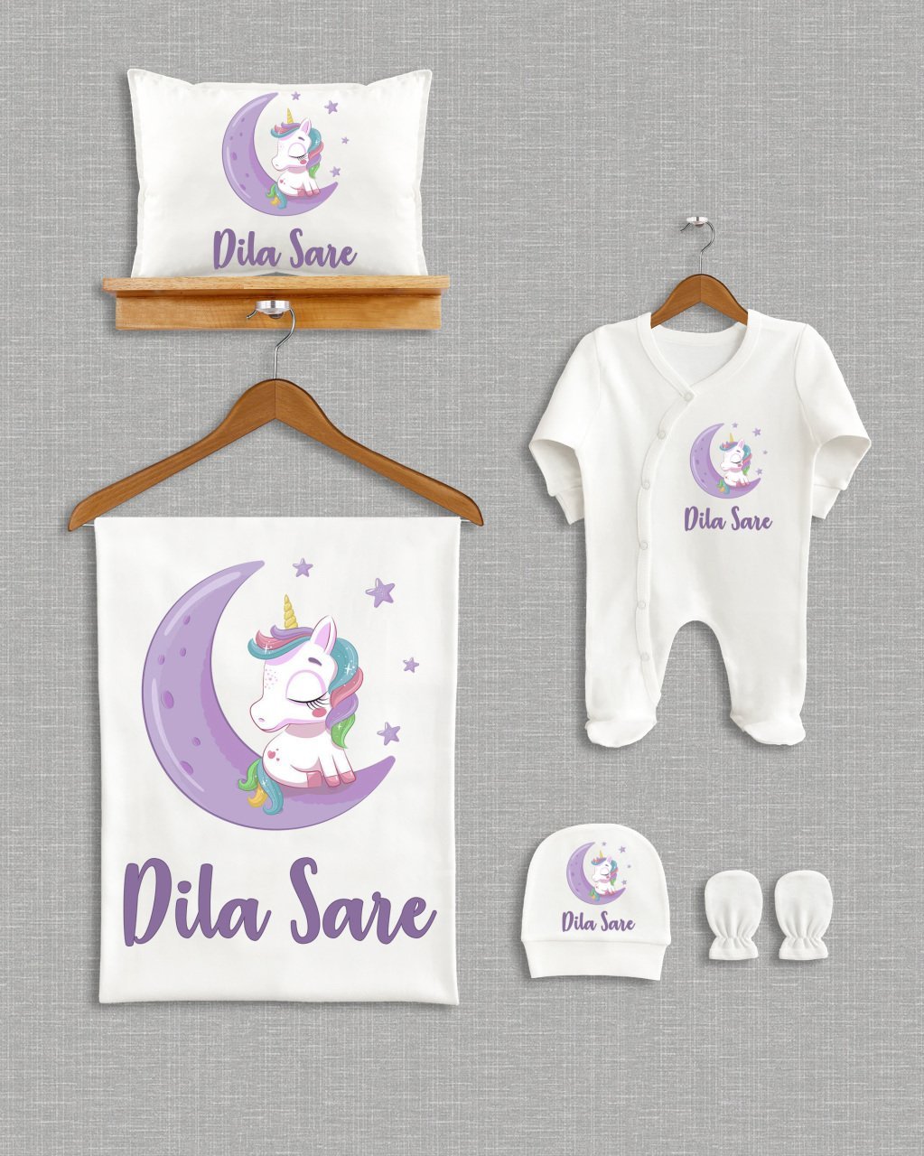 Ay Üzerinde Sevimli Unicorn Tasarımı  5'li Organik Hastane Çıkışı