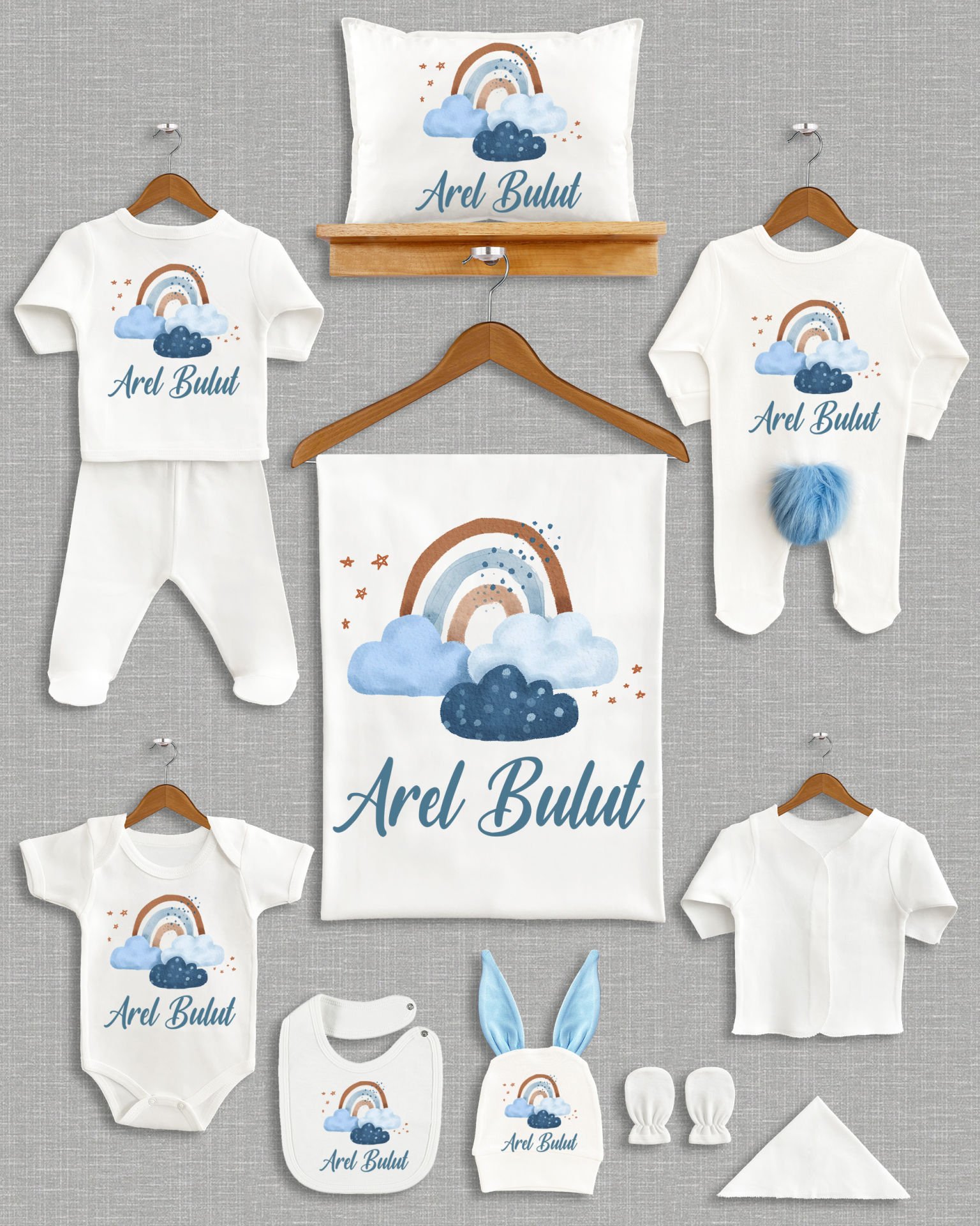 Mavi Bulutlu Gökkuşağı Tasarımı Ponponlu Tavşan Kulaklı 11'li Organik Hastane Çıkışı