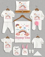 Renklı Gökkuşağı Üzerinde Sevimli Kedicik Tasarımı Ponponlu Tavşan Kulaklı 11'li Organik Hastane Çıkışı