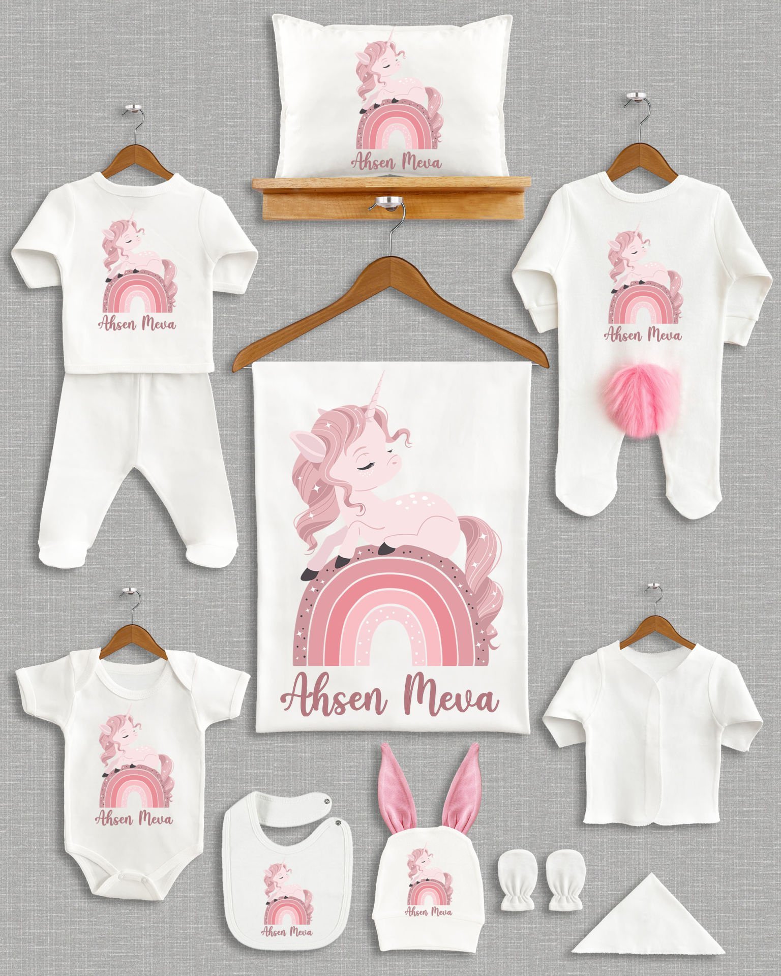 Soft Gökkuşağı Unicorn Tasarımı Ponponlu Tavşan Kulaklı 11'li Organik Hastane Çıkışı