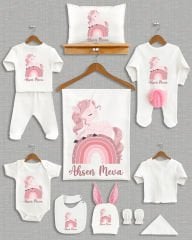 Soft Gökkuşağı Unicorn Tasarımı Ponponlu Tavşan Kulaklı 11'li Organik Hastane Çıkışı