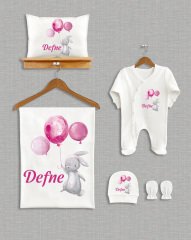 Balon Tutan Sevimli Tavşan Tasarımı  5'li Organik Hastane Çıkışı