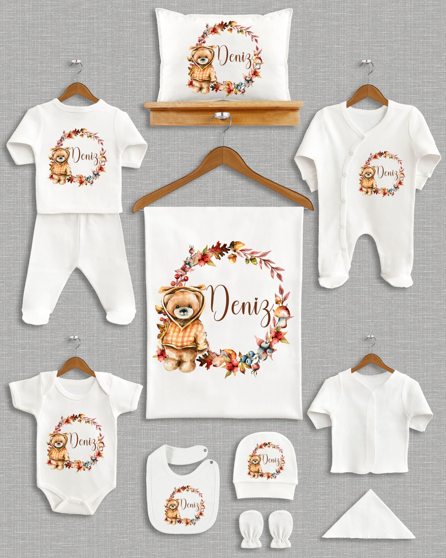 Ayıcıklı Yaprak Çelenk Tasarımı 11'li Organik İsme Özel Hastane Çıkışı